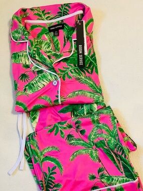 Room Service Women's Pink Tropical Palm Tree Print 2 piece Set Pajama Sz.S NEW